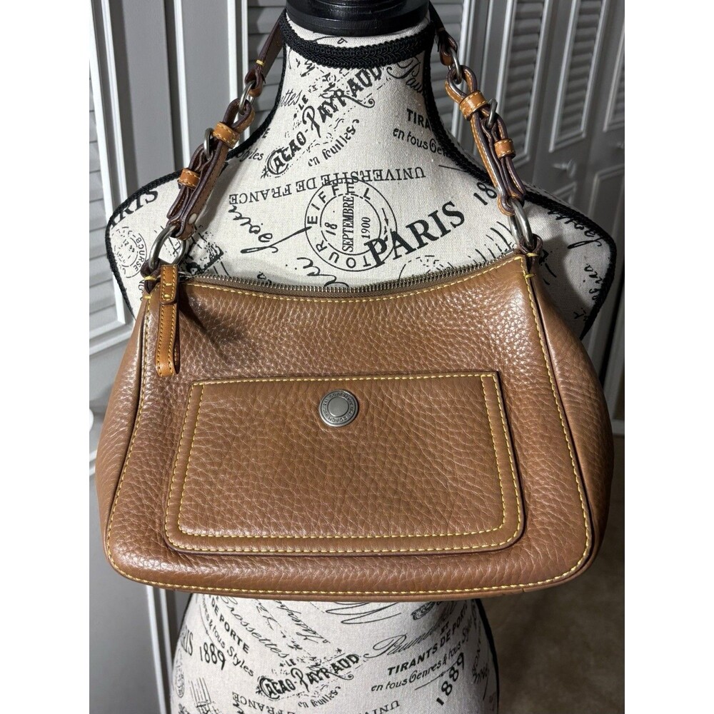 Coach Brown Pebbled Shoulder Bag Zip Closure Logo Zipper Accent Silver Hardware